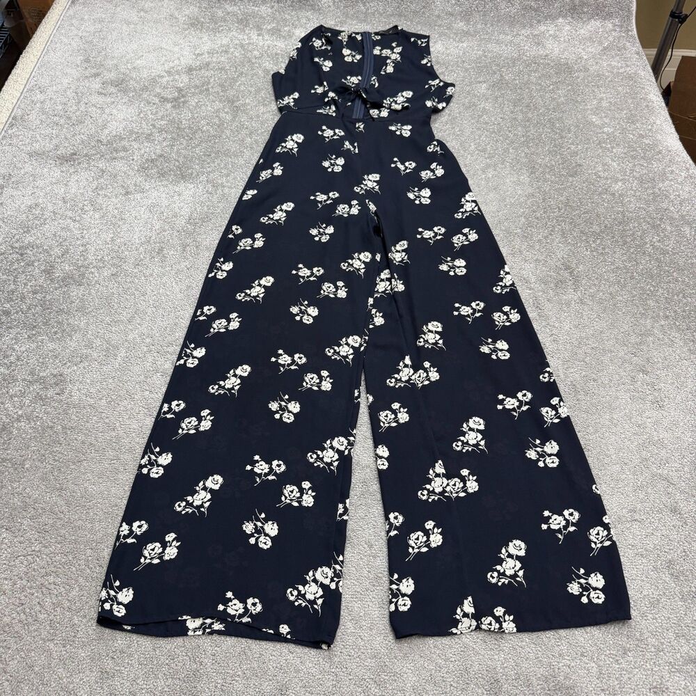 Honey Punch Wide Leg Sleeveless Jumpsuit Womens Small Navy Blue Floral Summer